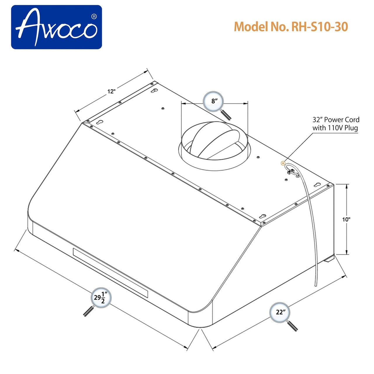 Awoco RH-S10 Under Cabinet Supreme 10” High Stainless Steel Range Hood, 4 Speeds, 8” Round Top Vent, 1000CFM, with Remote Control