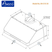 Awoco RH-S10 Under Cabinet Supreme 10” High Stainless Steel Range Hood, 4 Speeds, 8” Round Top Vent, 1000CFM, with Remote Control