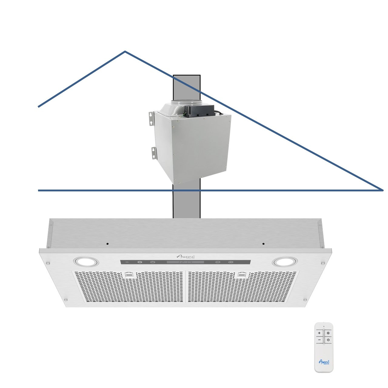 Awoco RH-IT08-R Ceiling Mount 14-1/2”D Super Quiet Split Stainless Steel Range Hood, 4-Speed, 1000 CFM, Mesh Filters, Remote Control with 8” Blower