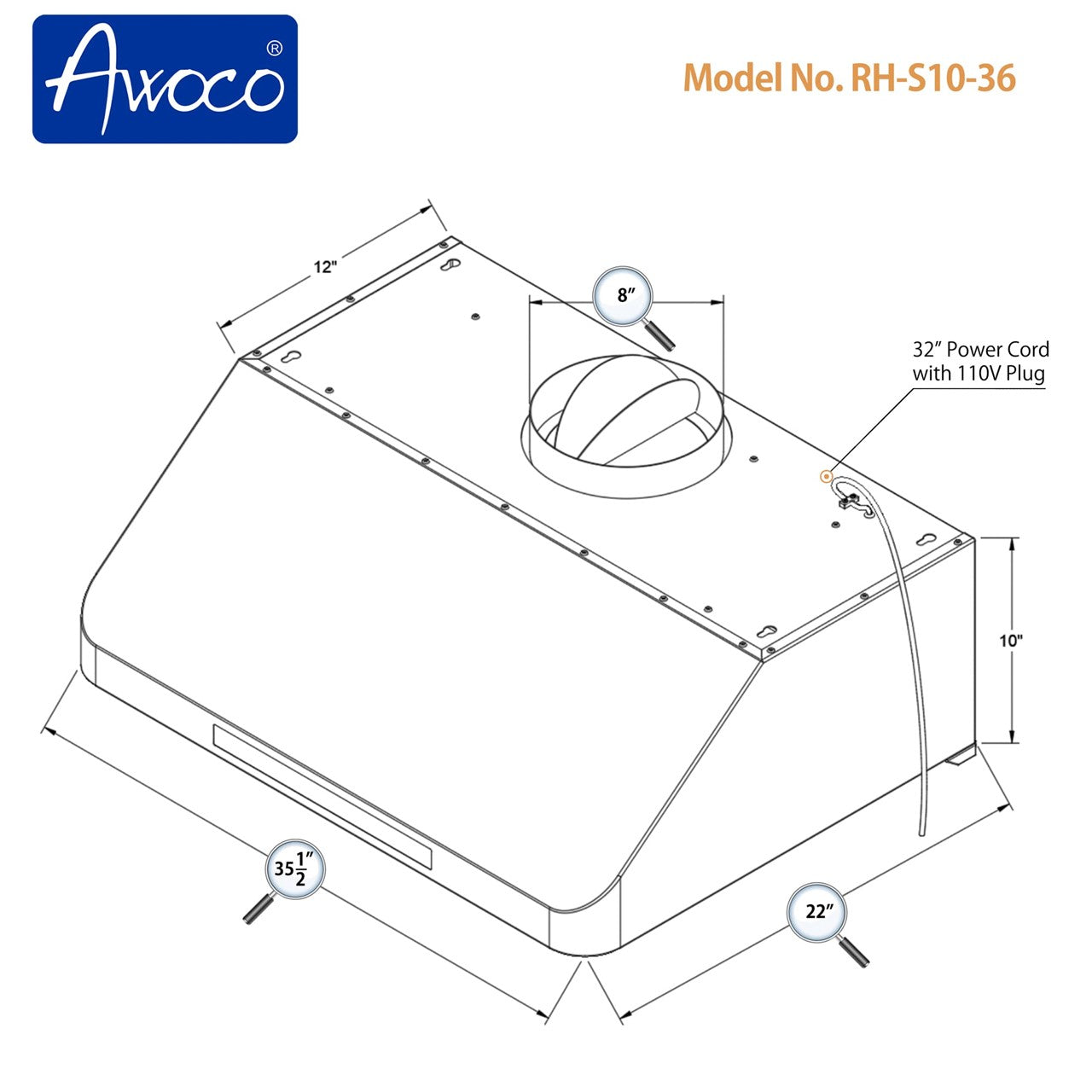 Awoco RH-S10 Under Cabinet Supreme 10” High Stainless Steel Range Hood, 4 Speeds, 8” Round Top Vent, 1000CFM, with Remote Control