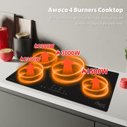 Awoco Ceramic Cooktop, Electric Stove with Burners with hard wire, 9 Power Levels Digital Timer Child Lock, Residual Heat Indicator, Automatic Shut-Off Easy Clean Touch Panel, 220-240V