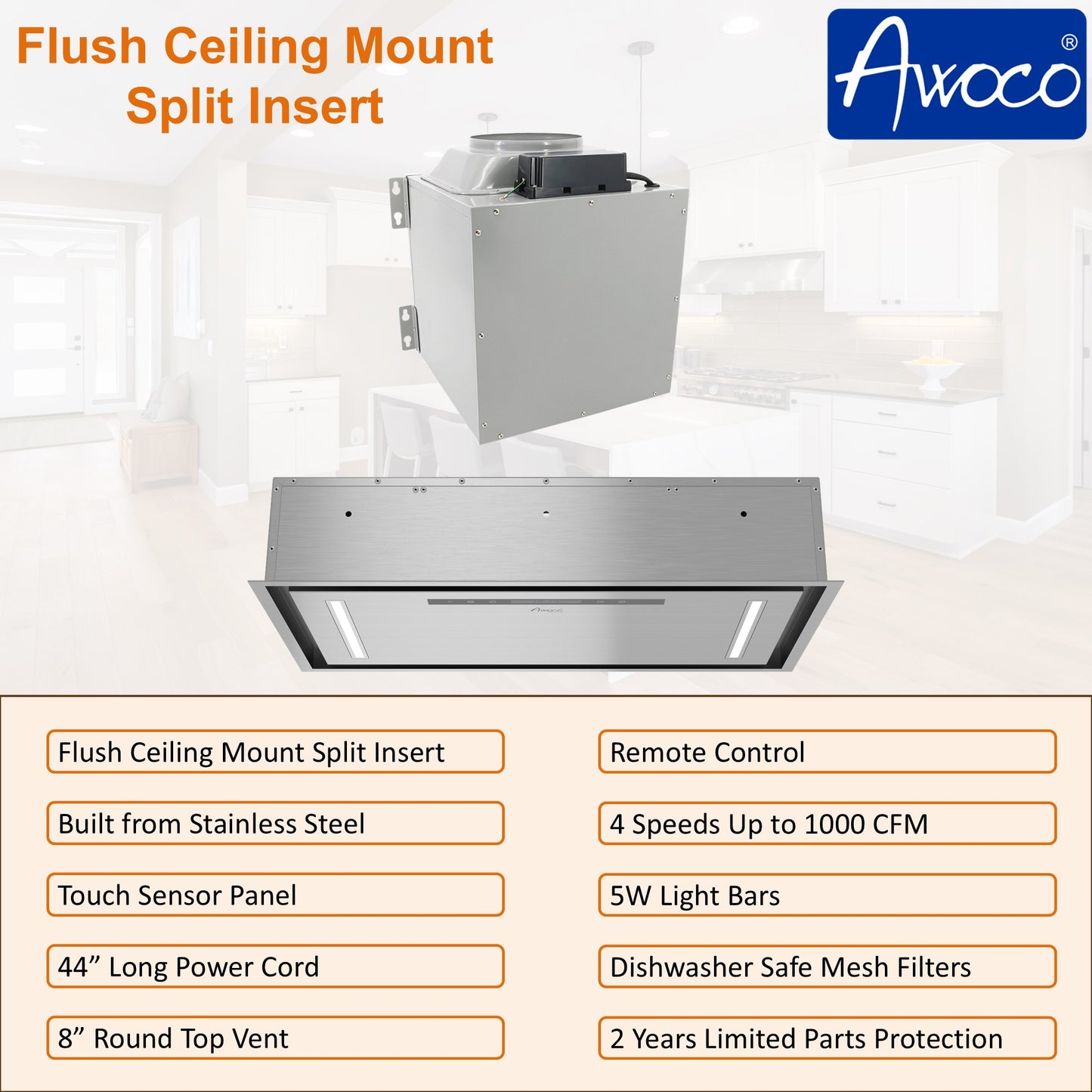 Awoco RH-IT08-CR Flush Ceiling Mount Split Insert Range Hood, Stainless Steel 4 Speeds 1000 CFM, 8” Round Vent LED Lights Remote Control