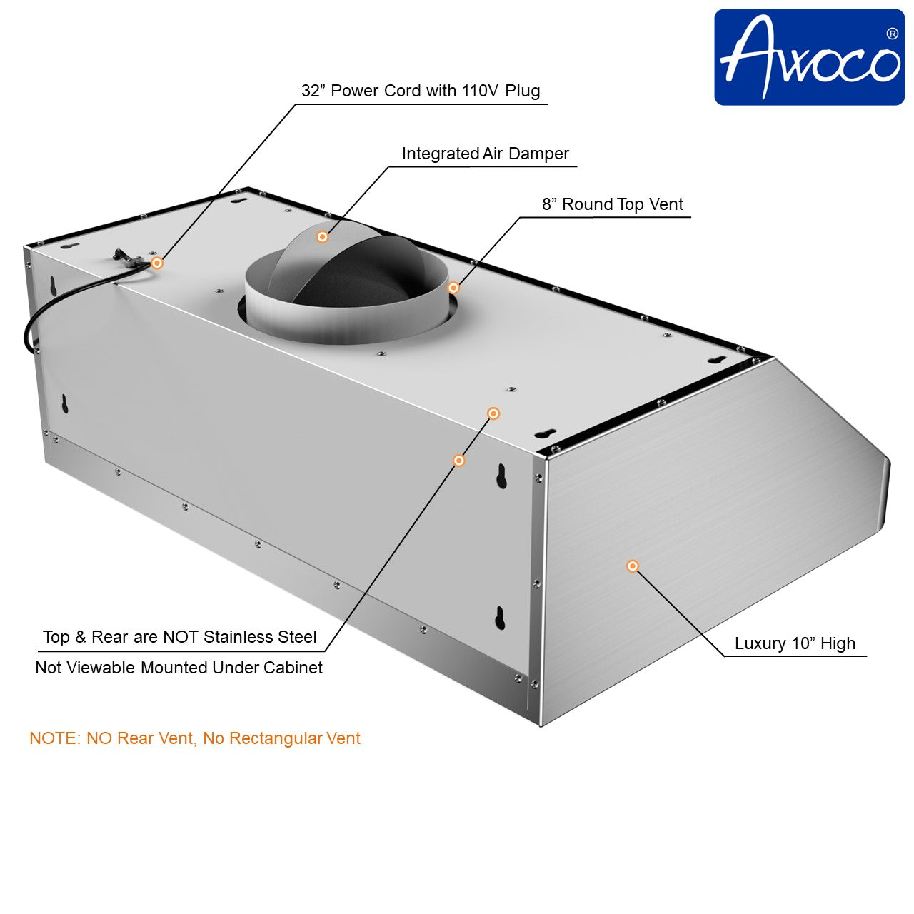 Awoco RH-S10 Under Cabinet Supreme 10” High Stainless Steel Range Hood, 4 Speeds, 8” Round Top Vent, 1000CFM, with Remote Control