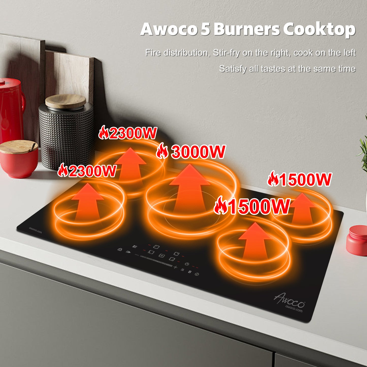 Awoco Ceramic Cooktop, Electric Stove with Burners with hard wire, 9 Power Levels Digital Timer Child Lock, Residual Heat Indicator, Automatic Shut-Off Easy Clean Touch Panel, 220-240V