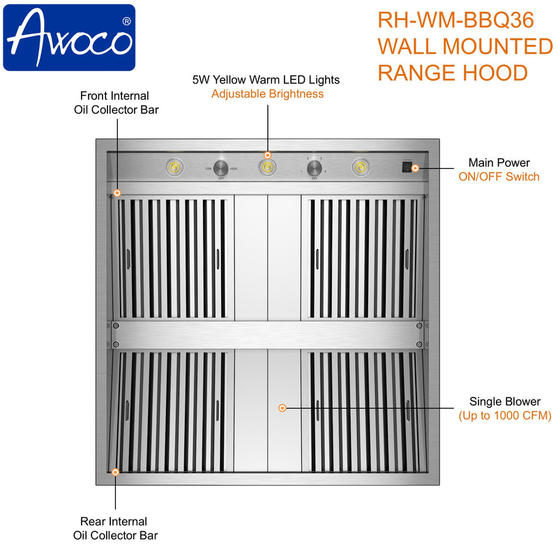 Awoco 36” Outdoor BBQ Vent Hood 17” High Type 304 Stainless Steel, 4 Speeds 1000 CFM, Adjustable LED Lights, 8” Round Top Vent