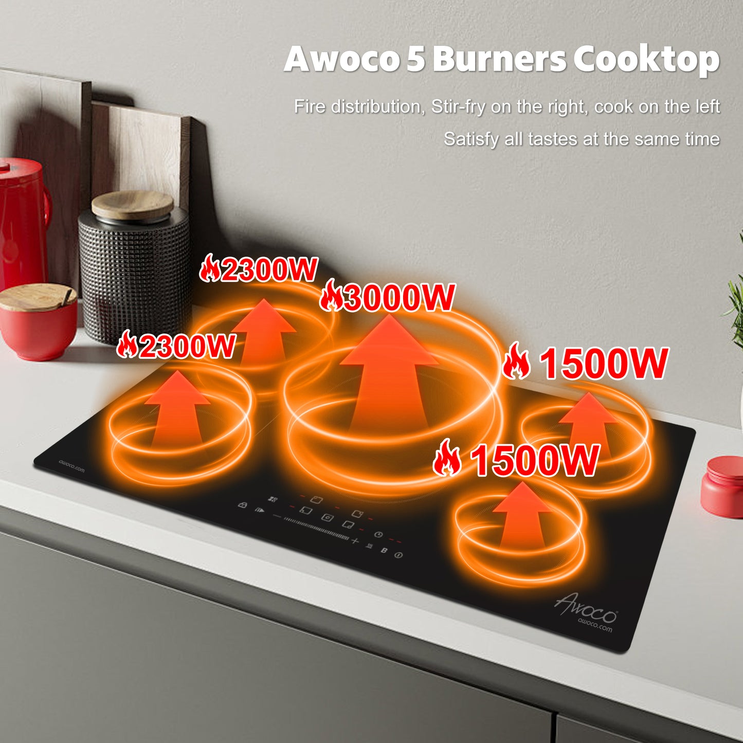 Awoco Induction Cooktop, built in induction Stove Top, Electric Cooktop with Boost Burners with 9 power level, Residual Heat Indicator, child safety lock, 220-240V with hard wire