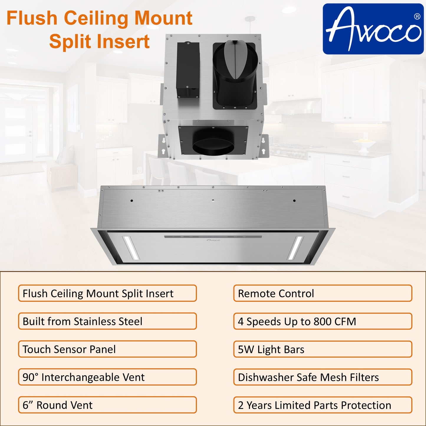 Awoco RH-IT06-CR Flush Ceiling Mount Split Insert Range Hood, Stainless Steel 4 Speeds 800 CFM, 6” Round Vent LED Lights Remote Control