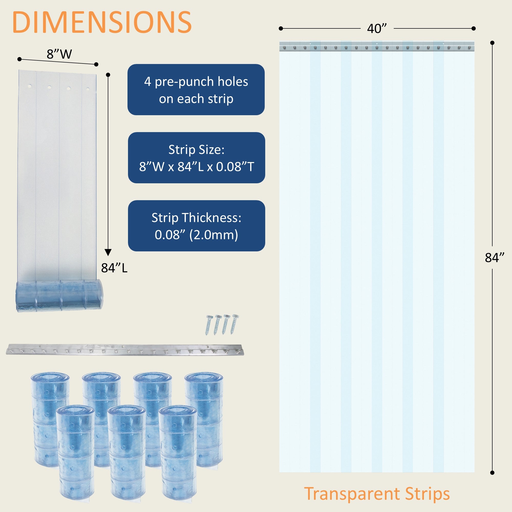 Aleco 40"W x 84"H Clear-Flex II Low-Temp Reinforced Freezer Strip Curtain Door Kit with Aluminum MaxBullet Mounting Hareware NSF/USDA  7 pcs 8" x 84" x 0.08" Vinyl Curtain Strips, -40°F Flexible