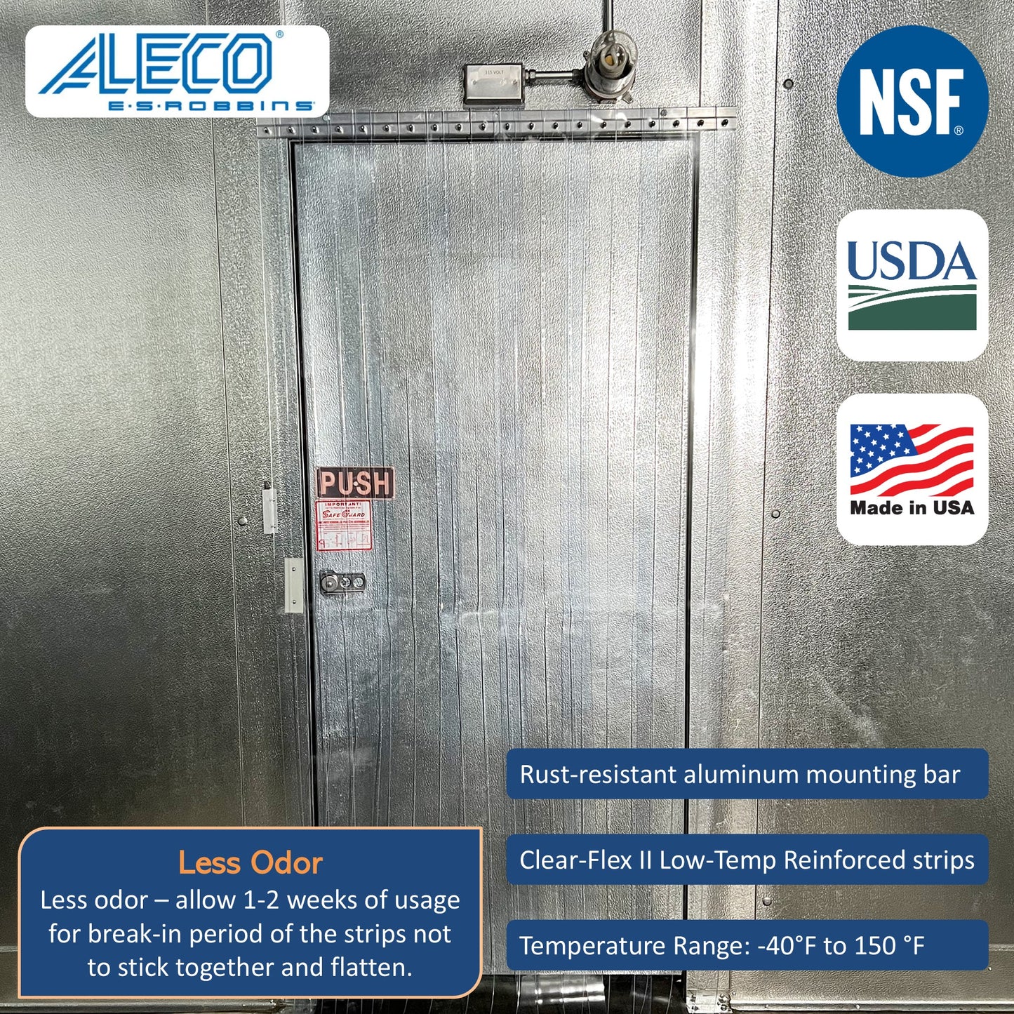 Aleco 40"W x 84"H Clear-Flex II Low-Temp Reinforced Freezer Strip Curtain Door Kit with Aluminum MaxBullet Mounting Hareware NSF/USDA  7 pcs 8" x 84" x 0.08" Vinyl Curtain Strips, -40°F Flexible