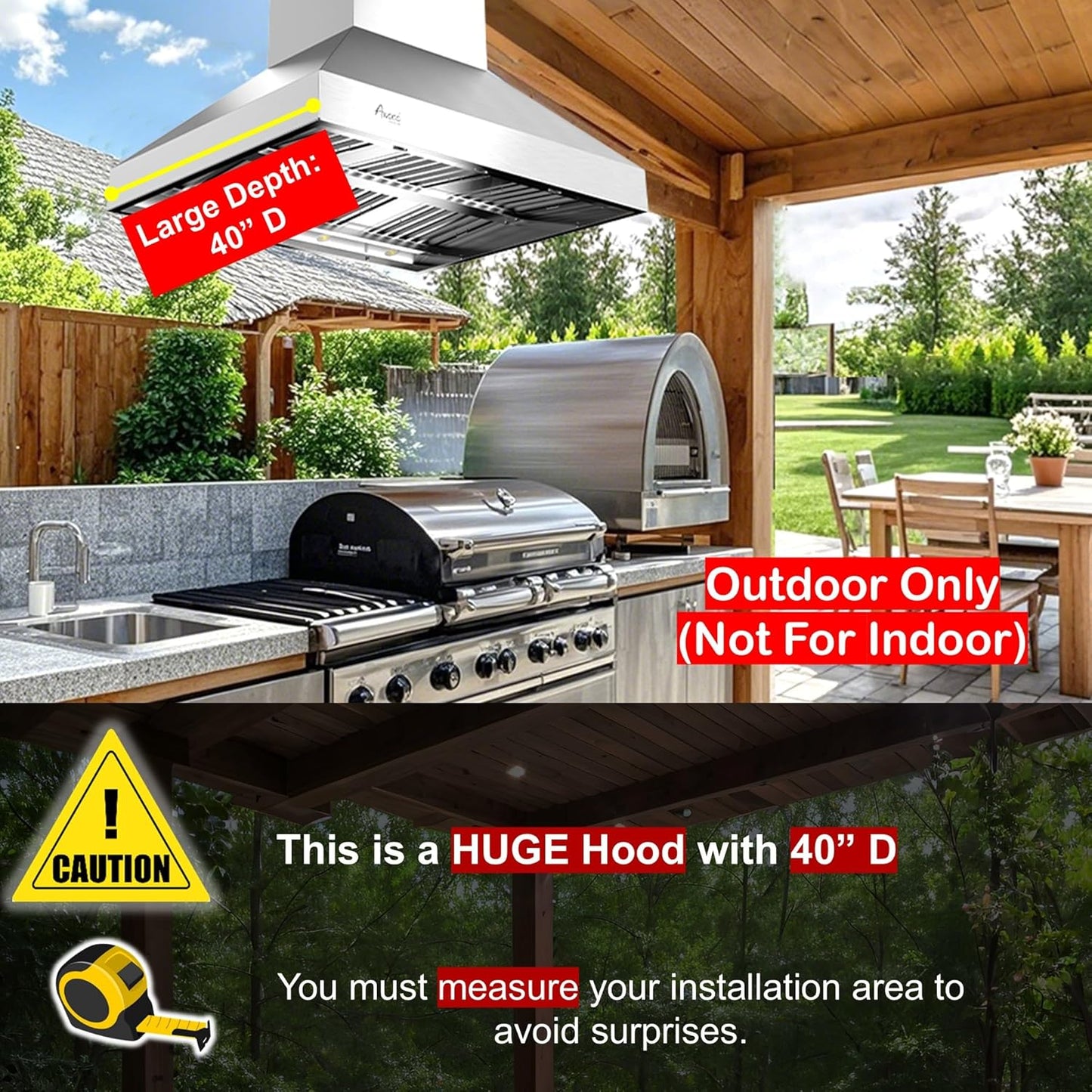 Awoco 48” Outdoor BBQ Island Mount Vent Hood Type 304 Stainless Steel, 4 Speeds 2000 CFM, Dual Blowers, Adjustable LED Lights, 2 x 8” Round Top Vents