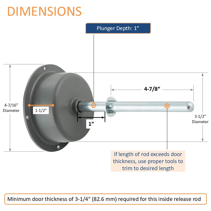 Kason 489C Narrow Recessed Inside Release Handle, 1" Plunger Push Rod for Thick Door of Walk-in Coolers and Freezers