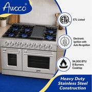 Awoco 48" 6.7 cu. ft. Stainless Steel Freestanding Gas Range