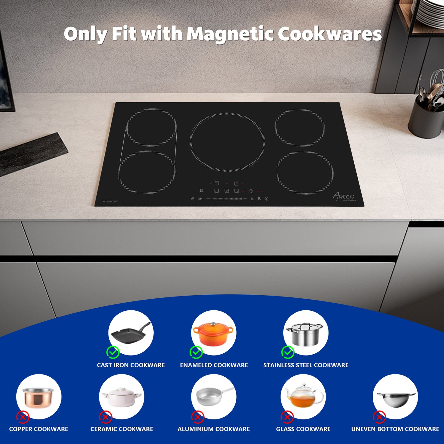 Awoco Induction Cooktop, built in induction Stove Top, Electric Cooktop with Boost Burners with 9 power level, Residual Heat Indicator, child safety lock, 220-240V with hard wire