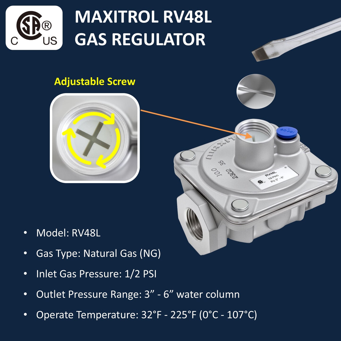 Maxitrol RV48L Natural Gas Pressure Regulator, 1/2" NPT Thread, 3/4" In and Out Opening, 1/2 PSIG In, 3"- 6" WC Out, CSA Certified