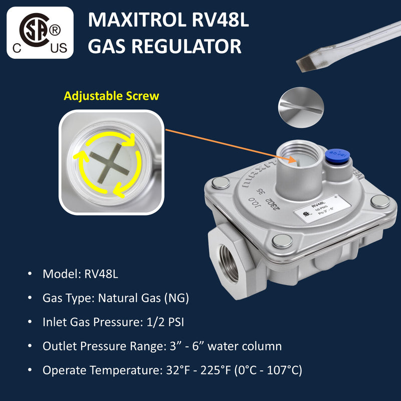 Maxitrol RV48L Natural Gas Pressure Regulator, 1/2" NPT Thread, 3/4" In and Out Opening, 1/2 PSIG In, 3"- 6" WC Out, CSA Certified