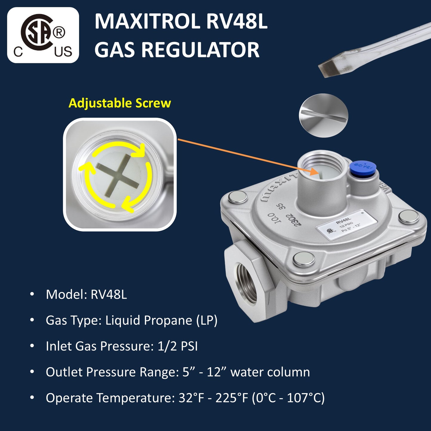 Maxitrol RV48L Liquid Propane Gas Pressure Regulator, 1/2" NPT Thread, 3/4" In and Out Opening, 1/2 PSIG In, 5"- 12" WC Out, CSA Certified