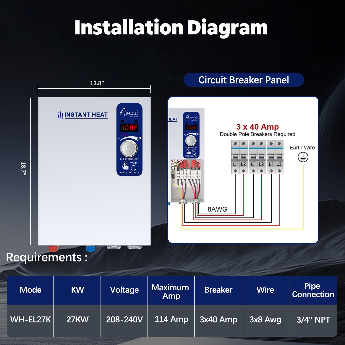 Awoco Electric Tankless Water Heater, 208-240V Adjustable Instant Heat Water Heater with Digital Temperature Display, Easy Install for Residential Whole Shower