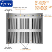 Awoco 48” Outdoor BBQ Wall Mount Vent Hood Type 304 Stainless Steel, 4 Speeds 2000 CFM, Dual Blowers, Adjustable LED Lights, 2 x 8” Round Top Vents