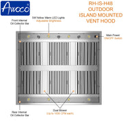 Awoco 48” Outdoor BBQ Island Mount Vent Hood Type 304 Stainless Steel, 4 Speeds 2000 CFM, Dual Blowers, Adjustable LED Lights, 2 x 8” Round Top Vents