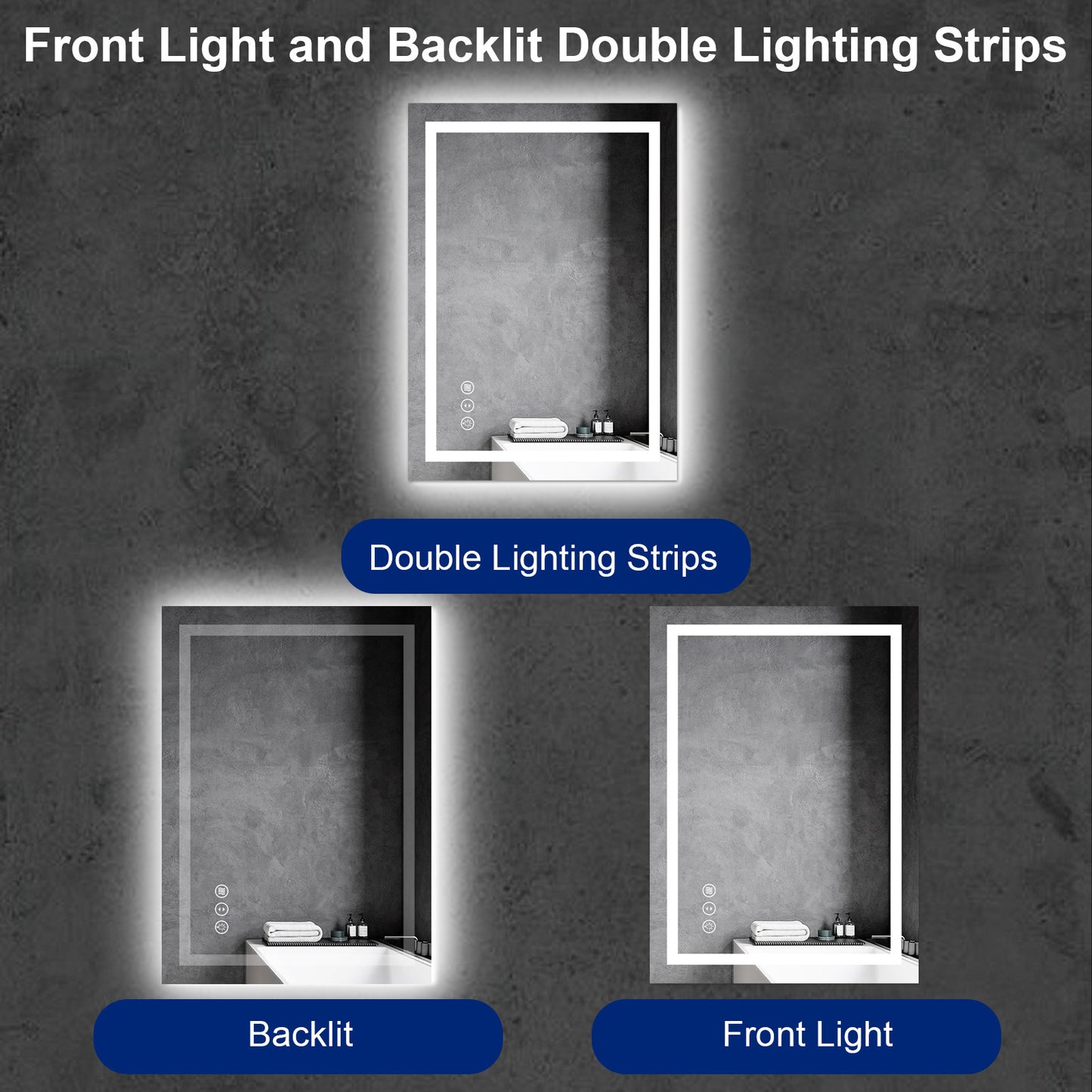 Awoco LED Bathroom Mirror with Light, Lighted Vanity Mirror with Backlit and Front Light, Dimmable Anti-Fog Memory Function Lighted Mirror with 3 Colors for Bathroom Wall