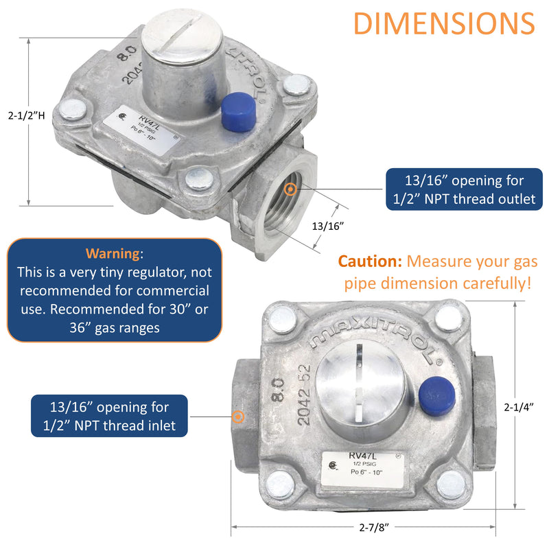 Maxitrol RV47L Liquid Propane Gas Pressure Regulator, 1/2" FPT Thread, 13/16" In and Out Opening, 1/2 PSIG In, 6" - 10" WC Out