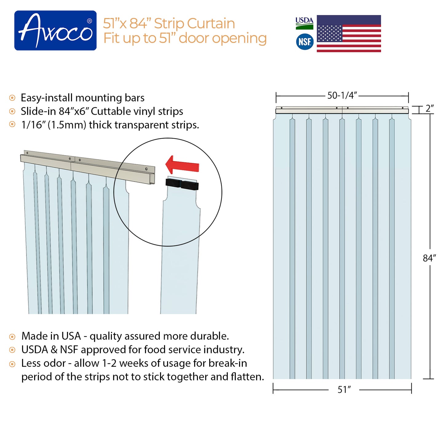 Awoco 51" x 84" Vinyl Strip Climate Control Curtain Kit, Slide-in Strips Perfect for Freezers, Coolers and Warehouse Doors NSF Approved Made in USA