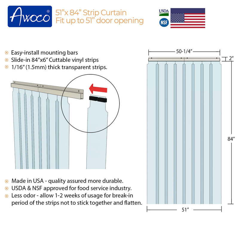 Awoco 51" x 84" Vinyl Strip Climate Control Curtain Kit, Slide-in Strips Perfect for Freezers, Coolers and Warehouse Doors NSF Approved Made in USA