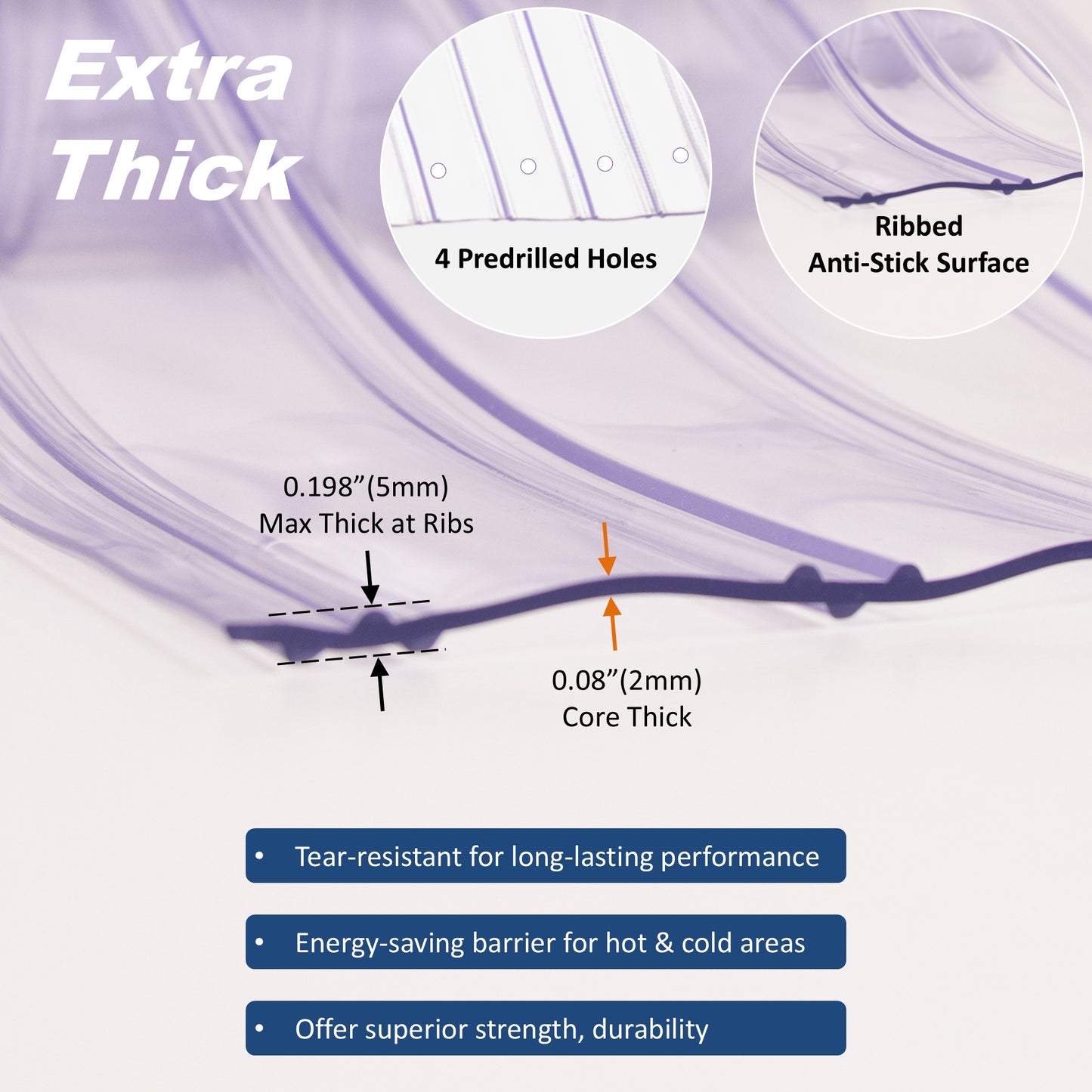 Aleco 0.198" Max Thick at Ribs, 0.08" Core Thick Cooler Strip Curtain Door Kit with Aluminum MaxBullet Mounting Hardware, 8" Ribbed Scratch-Resistant Vinyl Strip Curtain, Made in USA