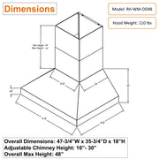 Awoco 48” Outdoor BBQ Wall Mount Vent Hood Type 304 Stainless Steel, 4 Speeds 2000 CFM, Dual Blowers, Adjustable LED Lights, 2 x 8” Round Top Vents