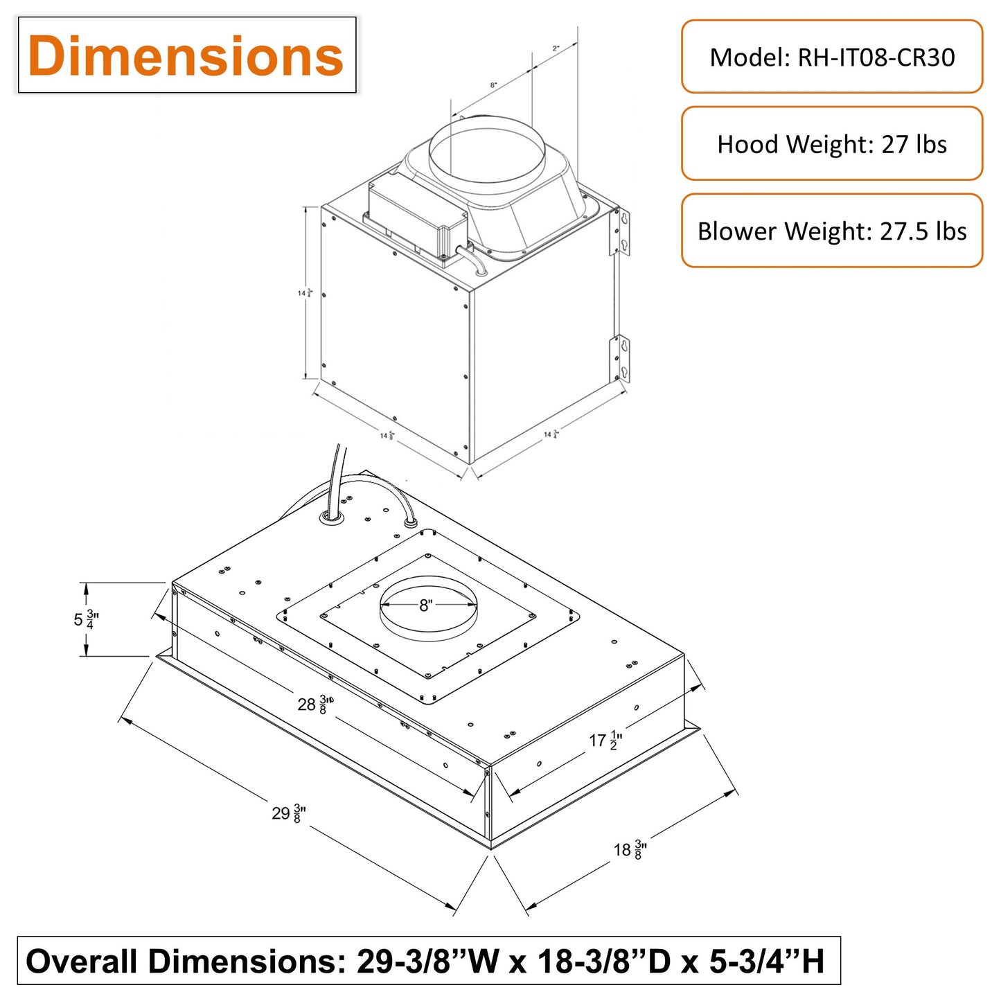 Awoco RH-IT08-CR Flush Ceiling Mount Split Insert Range Hood, Stainless Steel 4 Speeds 1000 CFM, 8” Round Vent LED Lights Remote Control