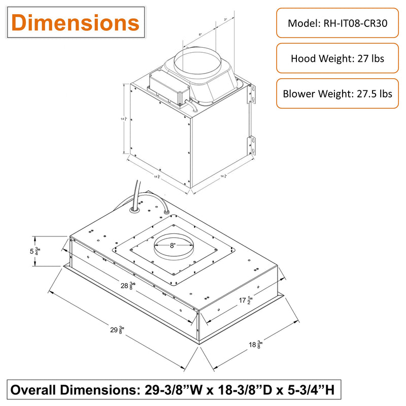 Awoco RH-IT08-CR Flush Ceiling Mount Split Insert Range Hood, Stainless Steel 4 Speeds 1000 CFM, 8” Round Vent LED Lights Remote Control