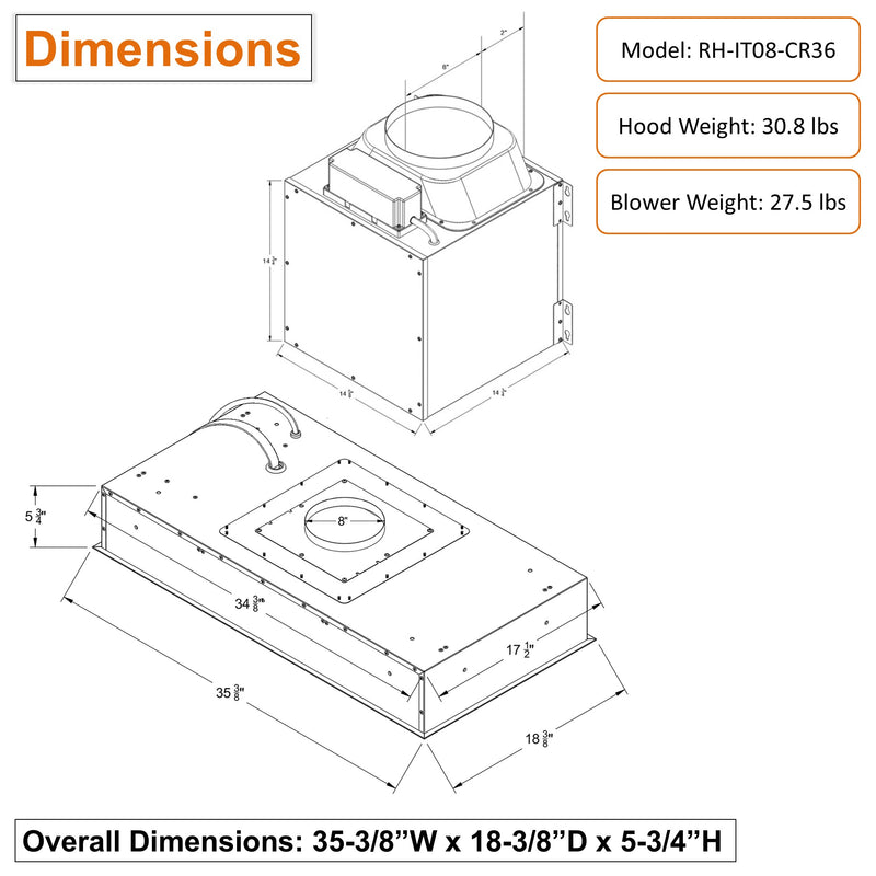 Awoco RH-IT08-CR Flush Ceiling Mount Split Insert Range Hood, Stainless Steel 4 Speeds 1000 CFM, 8” Round Vent LED Lights Remote Control