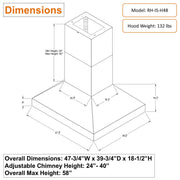 Awoco 48” Outdoor BBQ Island Mount Vent Hood Type 304 Stainless Steel, 4 Speeds 2000 CFM, Dual Blowers, Adjustable LED Lights, 2 x 8” Round Top Vents