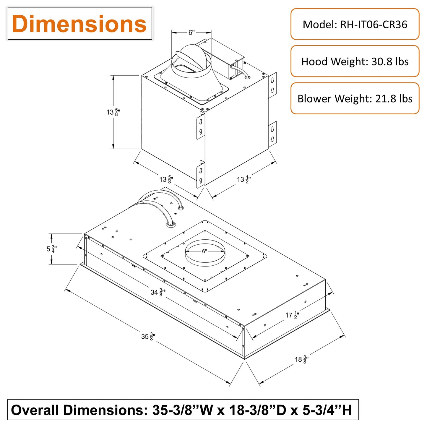 Awoco RH-IT06-CR Flush Ceiling Mount Split Insert Range Hood, Stainless Steel 4 Speeds 800 CFM, 6” Round Vent LED Lights Remote Control