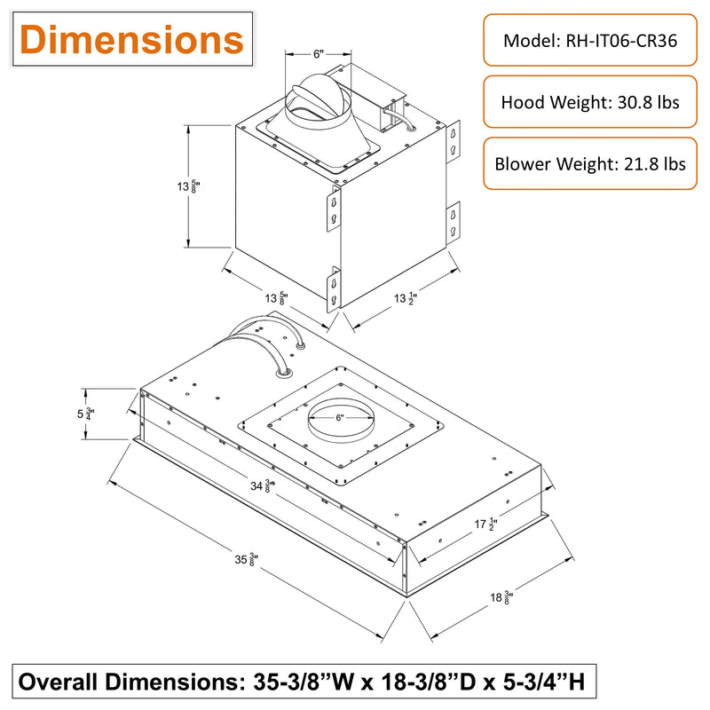 Awoco RH-IT06-CR Flush Ceiling Mount Split Insert Range Hood, Stainless Steel 4 Speeds 650 CFM, 6” Round Vent LED Lights Remote Control