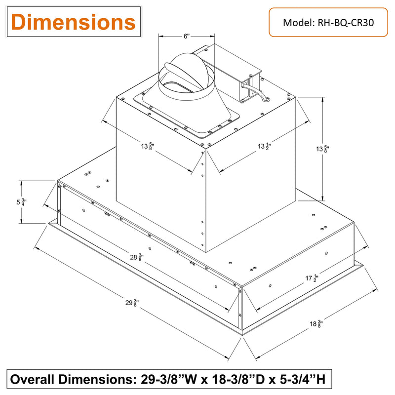 Awoco RH-BQ-CR Flush Ceiling Mount Insert Island Range Hood, Stainless Steel 4 Speeds 650 CFM, 6” Round Vent LED Lights Remote Control