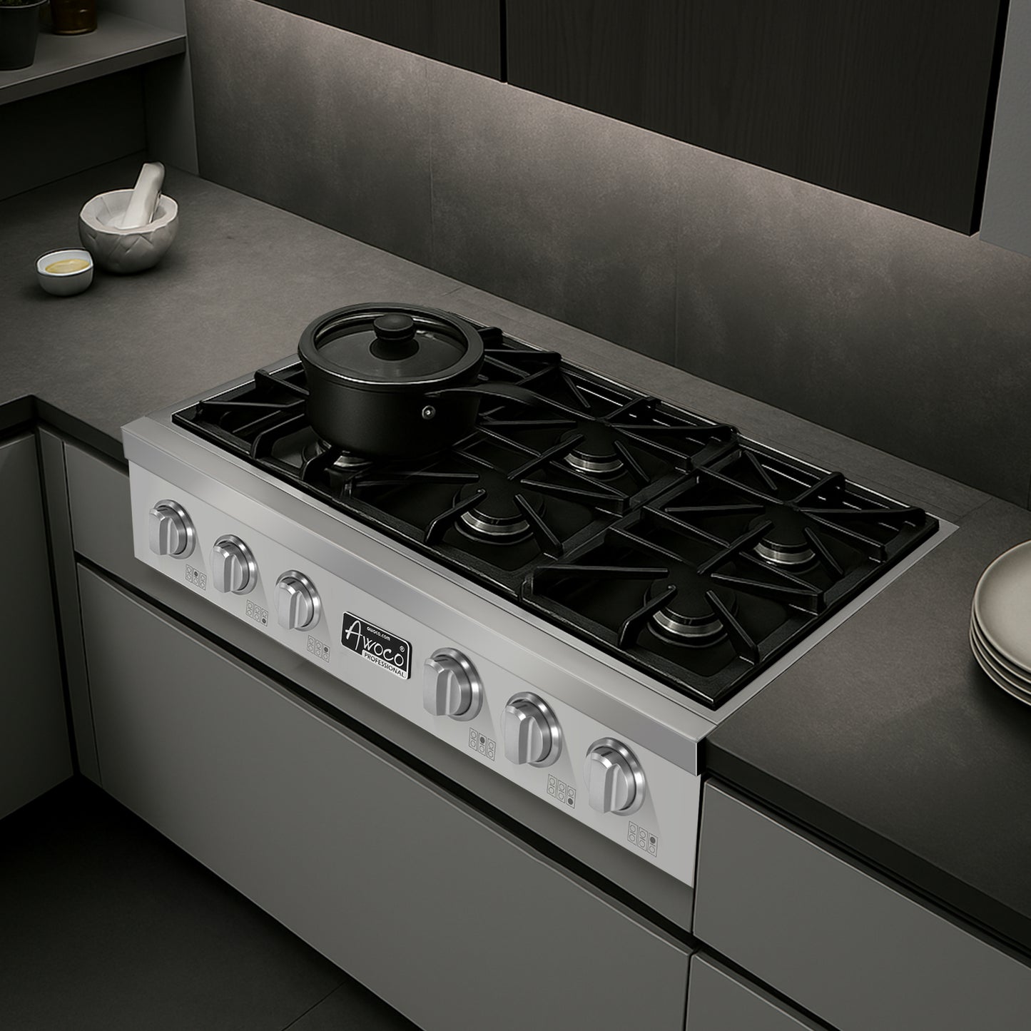 Awoco Professional 36” Stainless Steel NG / LPG Convertible Gas Rangetop with 6 Sealed Burners
