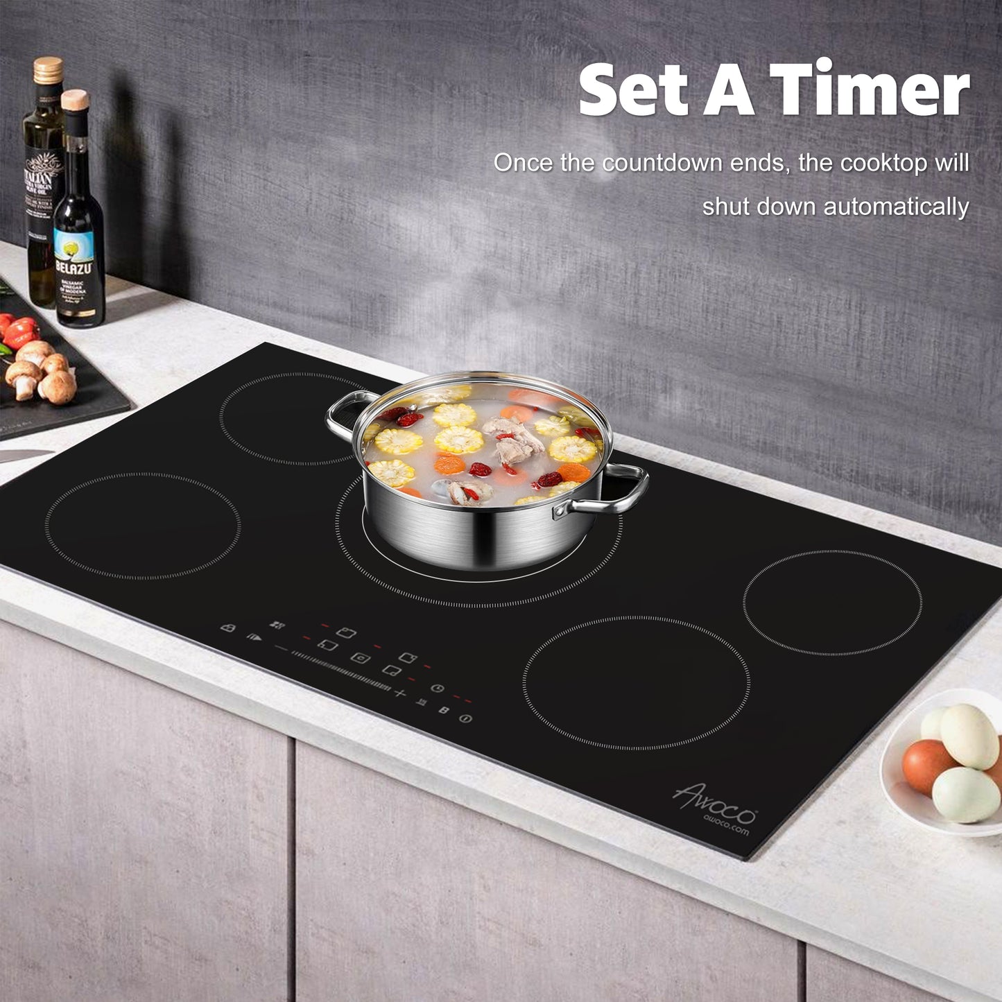 Awoco Ceramic Cooktop, Electric Stove with Burners with hard wire, 9 Power Levels Digital Timer Child Lock, Residual Heat Indicator, Automatic Shut-Off Easy Clean Touch Panel, 220-240V