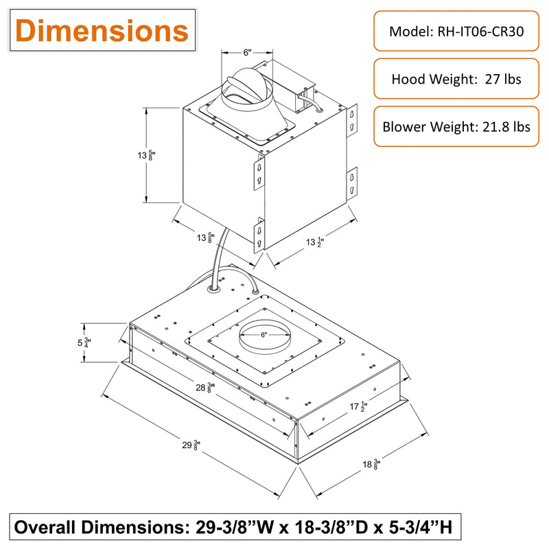 Awoco RH-IT06-CR Flush Ceiling Mount Split Insert Range Hood, Stainless Steel 4 Speeds 650 CFM, 6” Round Vent LED Lights Remote Control