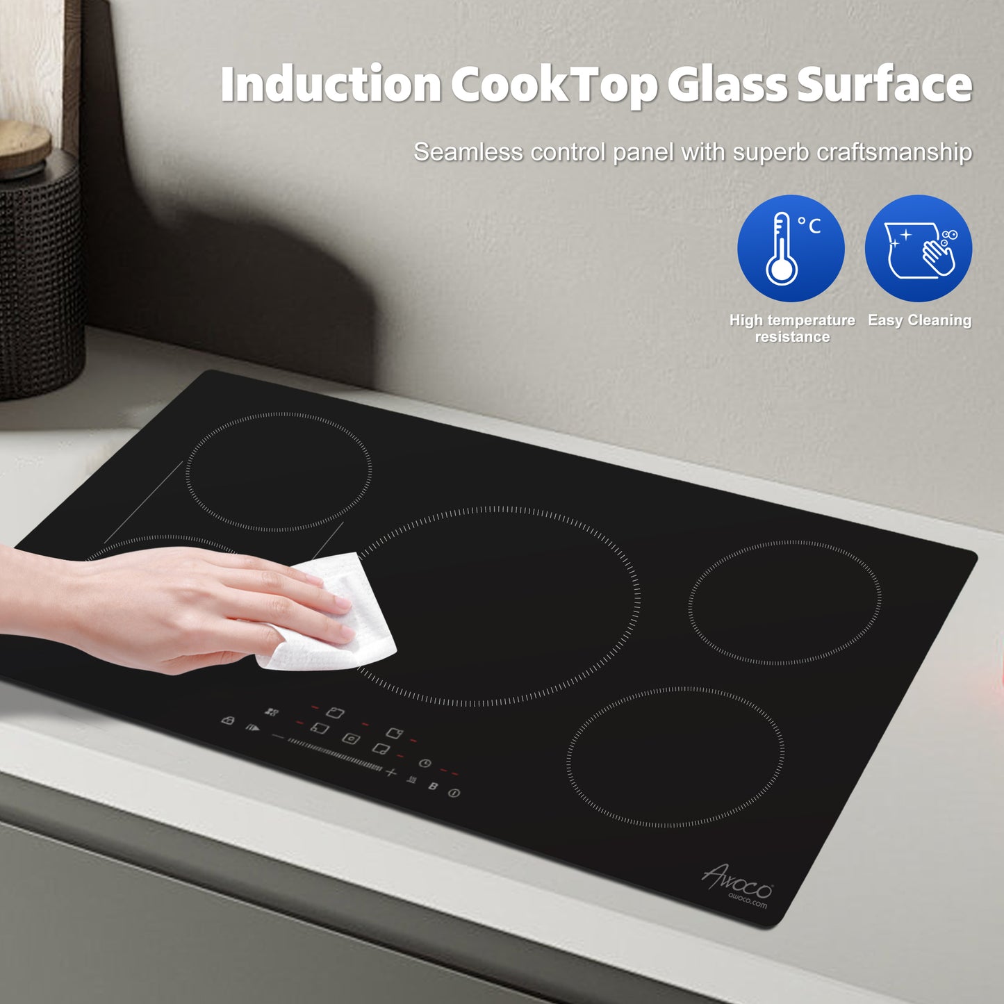 Awoco Induction Cooktop, built in induction Stove Top, Electric Cooktop with Boost Burners with 9 power level, Residual Heat Indicator, child safety lock, 220-240V with hard wire