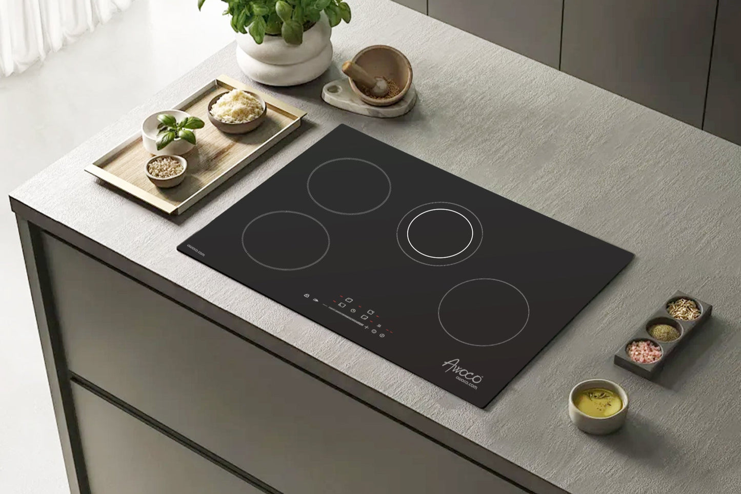 Awoco Ceramic Cooktop, Electric Stove with Burners with hard wire, 9 Power Levels Digital Timer Child Lock, Residual Heat Indicator, Automatic Shut-Off Easy Clean Touch Panel, 220-240V