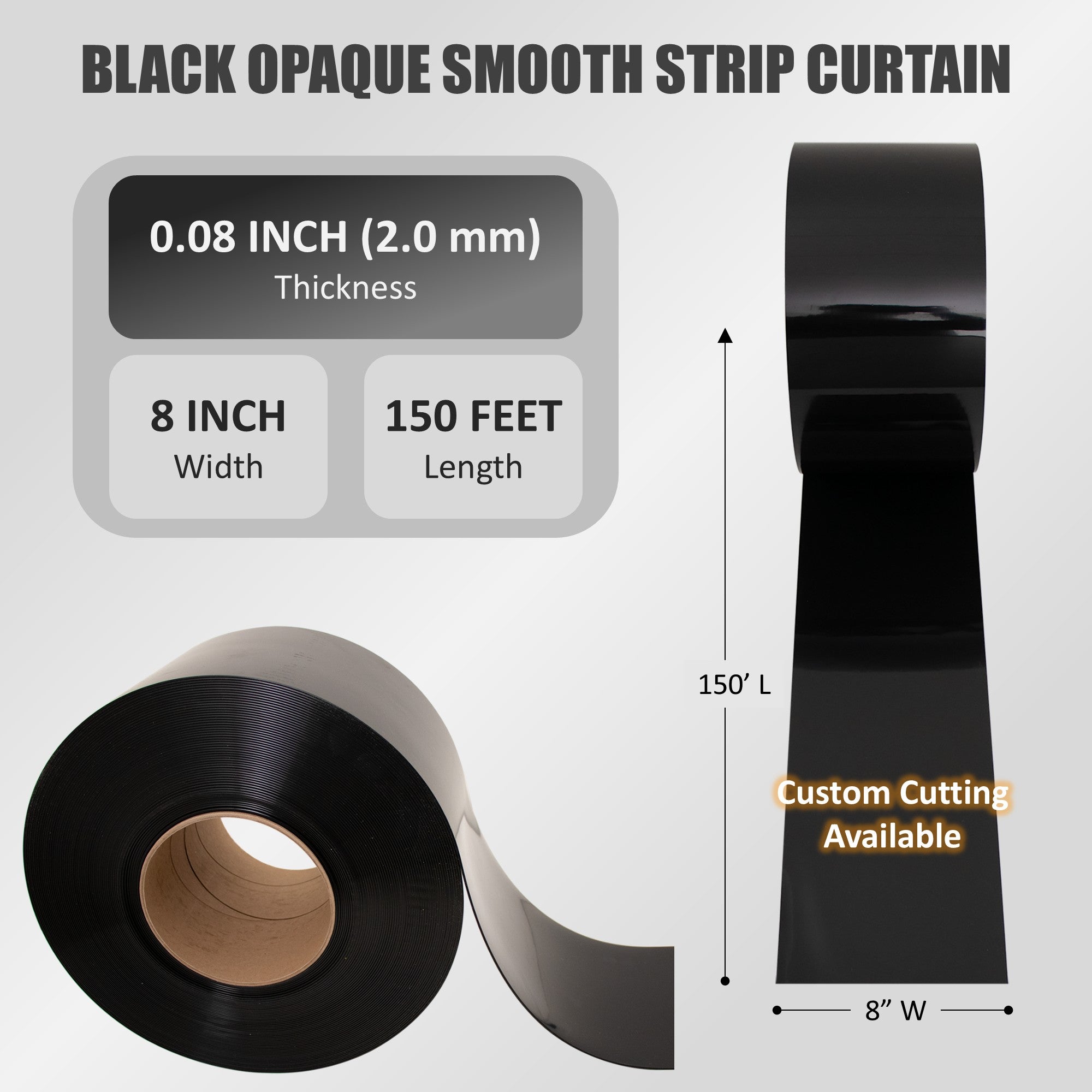 Aleco Black Clear-Flex II Vinyl Bulk Roll – 8" x 150ft, 0.08" Thick, Black Opaque Smooth PVC Strip Roll, for Visual Privacy, Light Blocking, Night-shift Operations Workspaces