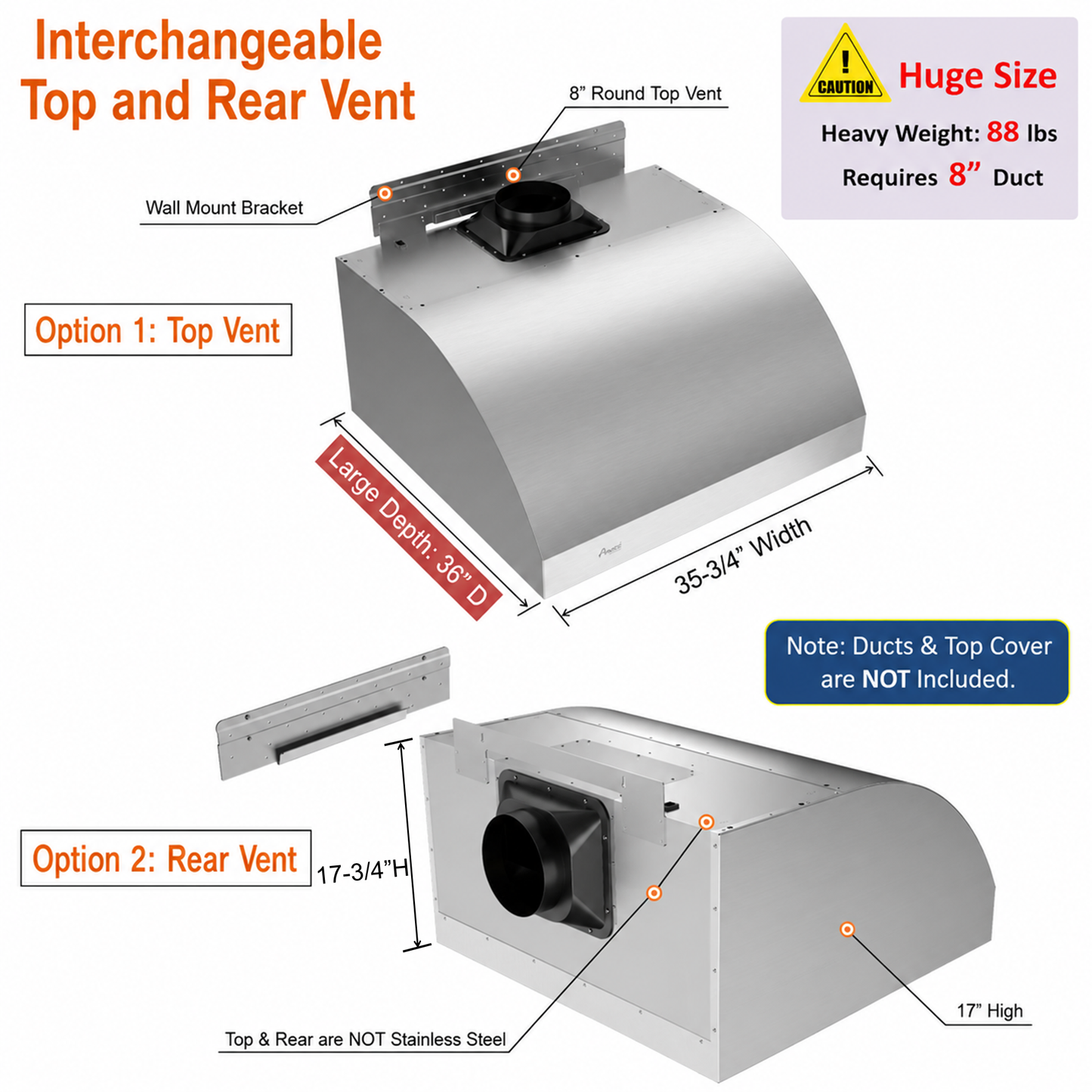 Awoco 36" Outdoor BBQ Vent Hood 18" High Type 304 Stainless Steel, 4 Speeds 1000 CFM with Chimney Cover, 8” Round Top Vent