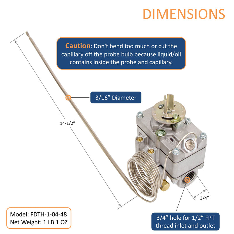 Robertshaw FDTH-1-04-48 Gas Oven Thermostat for 46-1076 Baker Pride M1005X Lincoln 369006, 48" Capillary