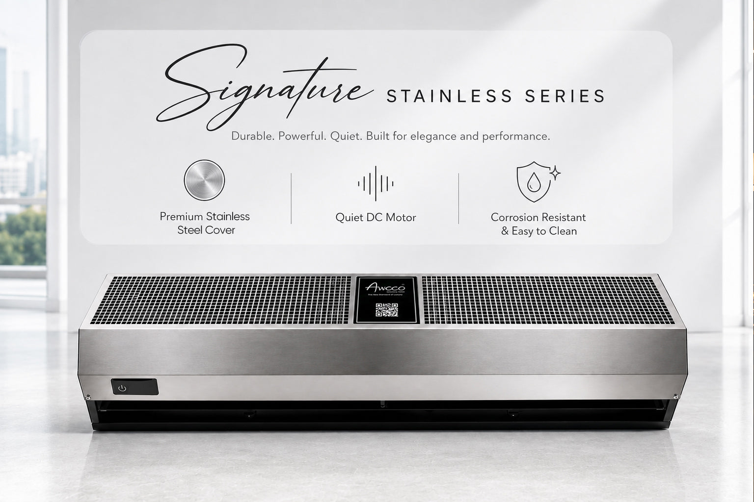 Awoco Signature Stainless Series commercial air curtain with quiet DC motor and stainless steel body