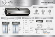 Product specification sheet for Signature Stainless Series Air Curtain with details on size, dimensions, airflow, and specifications.