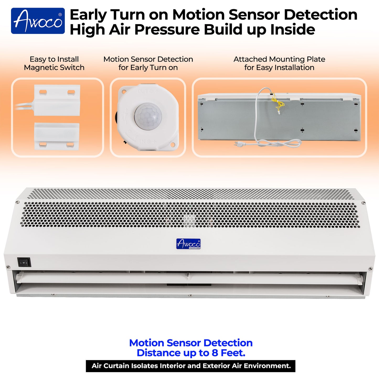 Awoco FM15-MSD Early Turn On Super Power Indoor Air Curtain, UL Certified 120V Unheated with Magnetic Switch and Motion Sensor Detection