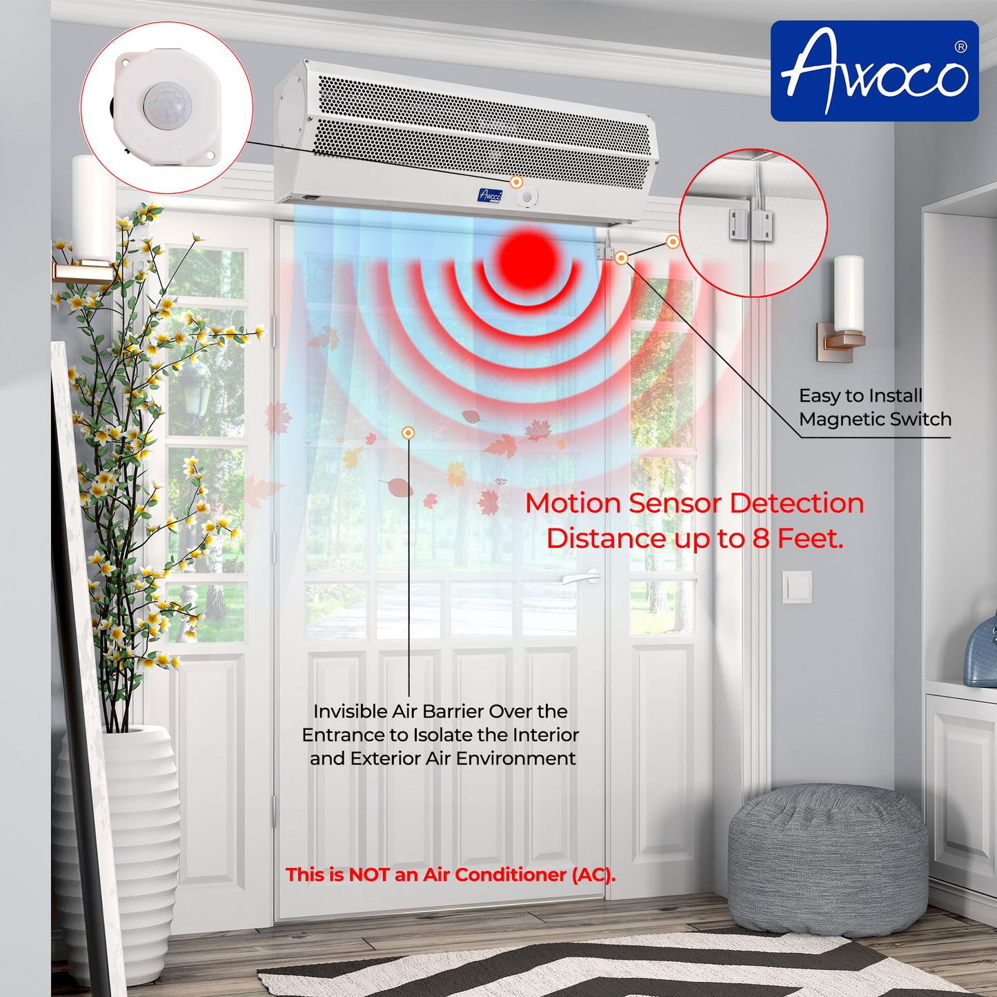Awoco FM15-MSD Early Turn On Super Power Indoor Air Curtain, UL Certified 120V Unheated with Magnetic Switch and Motion Sensor Detection