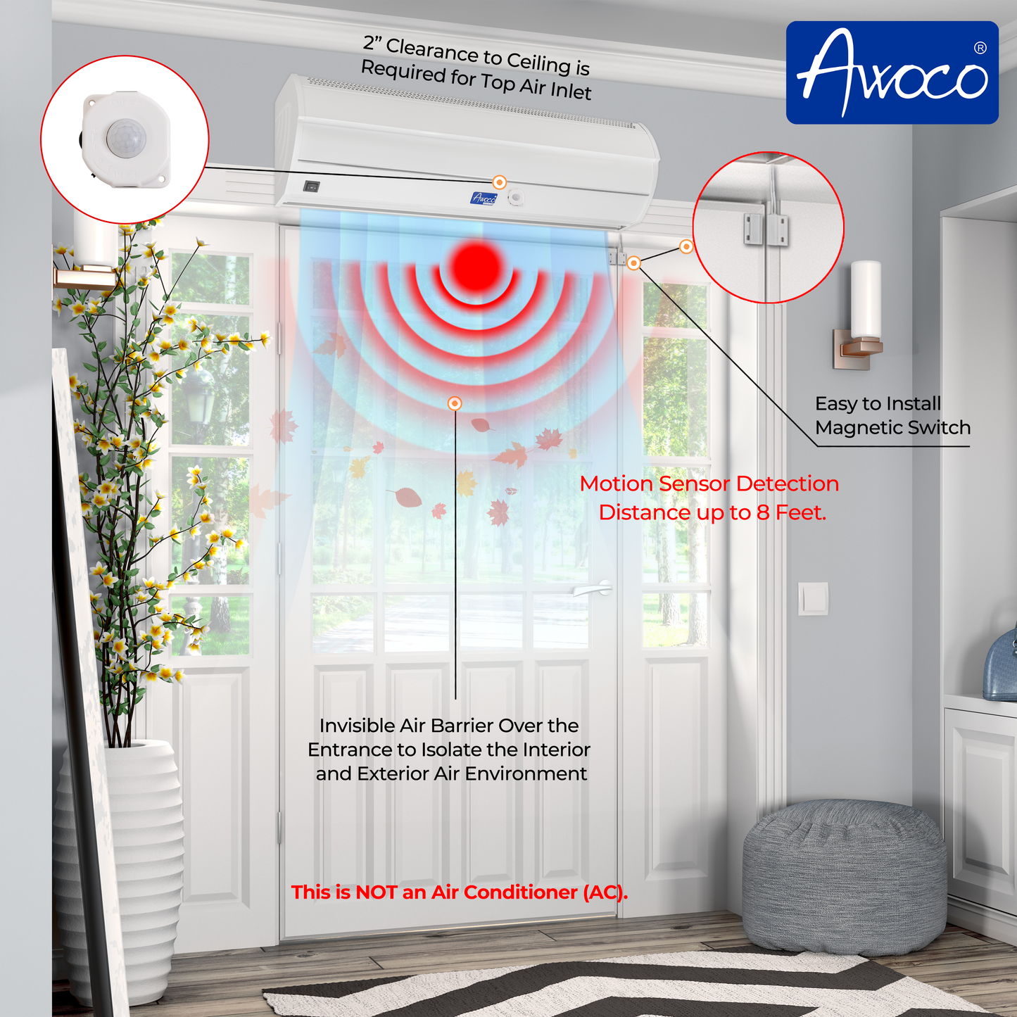 Awoco FM35-MSD Early Turn On Elegant 2 Speed Air Curtain, UL Certified, 120V Unheated with Magnetic Switch & Motion Sensor Detection