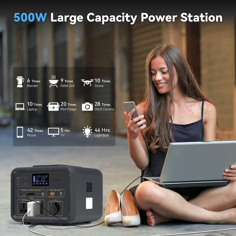 ITEHIL Portable Power Station, 500W Generator, 500Wh Solar Generator, LiFePO4 Battery with 100-120V AC Outlets,12v/10A Car Port, USB-C & USB-A QC Fast Charging, for Camping, Outdoor, RV,Home Off-Grid, American Plug